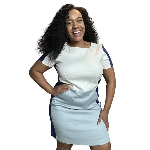 Boden Anthropologie Colorblock Blue Dress Pockets Career Sz 12 Business Stretchy - Picture 2 of 12